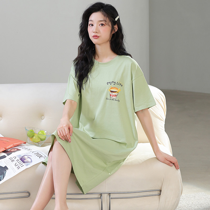 睡裙女款睡衣夏季纯棉短袖夏天薄款长款甜美休闲圆领短袖连衣裙子