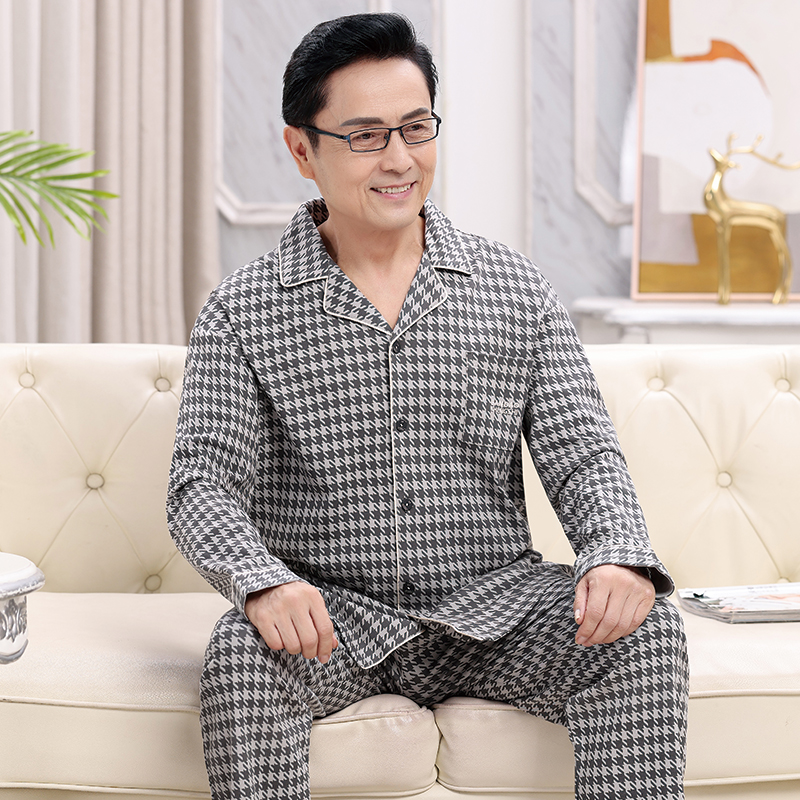 大码长袖睡衣男款纯棉开衫春秋季中老年人爸爸休闲宽松家居服套装