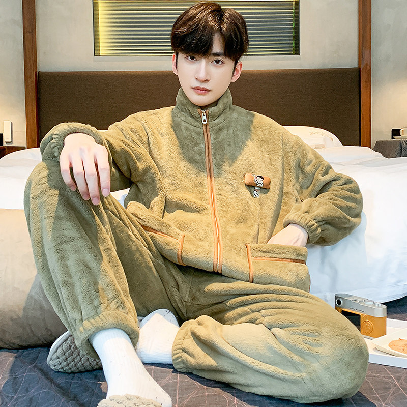 2024新款秋冬季睡衣男款冬天珊瑚绒加厚加绒可外穿保暖家居服套装