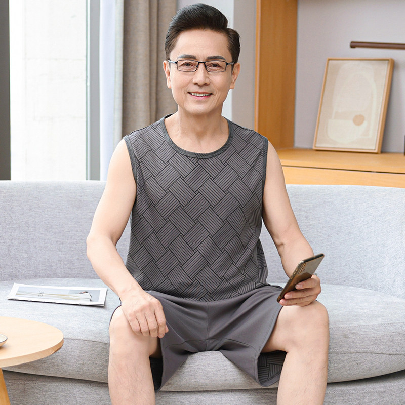 薄款老人背心睡衣男纯棉短裤套装
