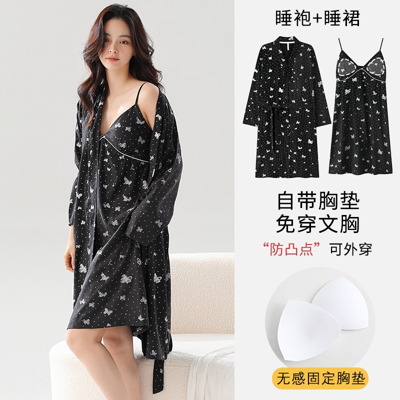 黑色睡袍女睡衣春秋夏季云朵棉性感吊带睡裙带胸垫高级纯欲风浴袍