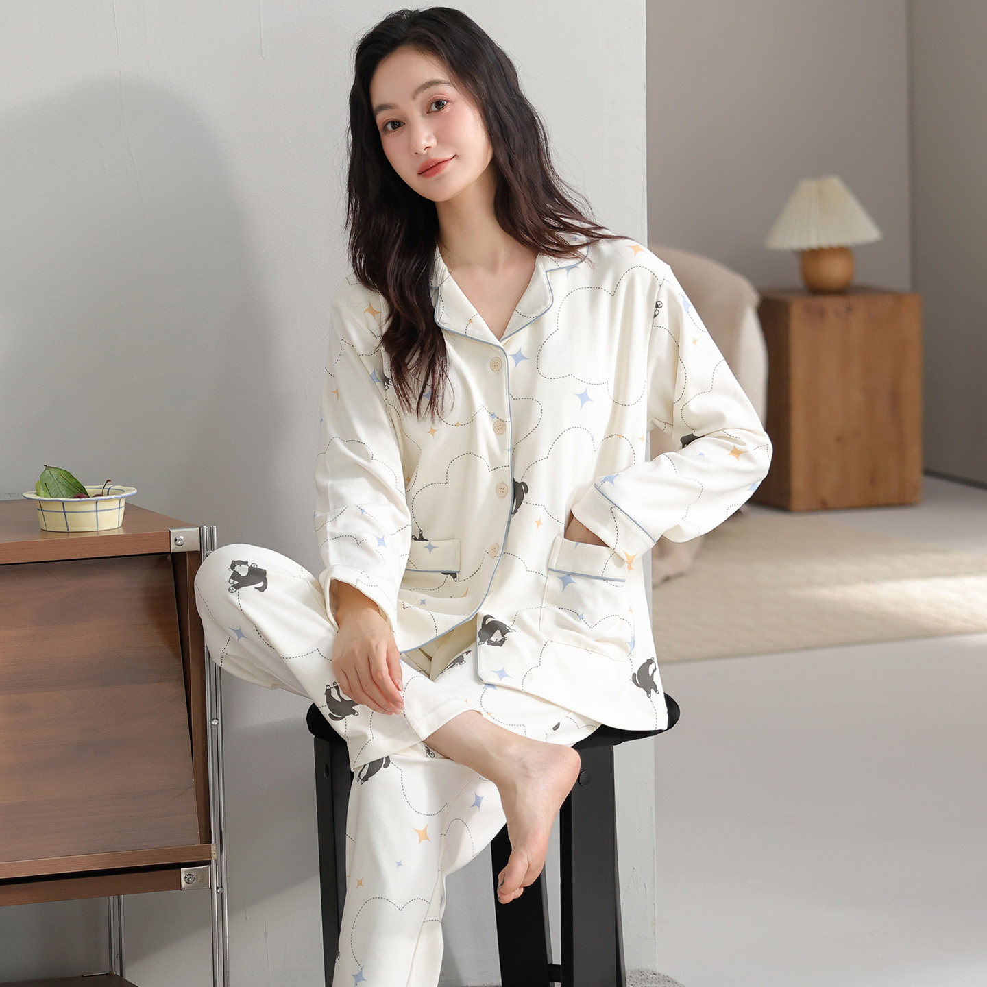 纯棉休闲家居服套装可外穿睡衣女