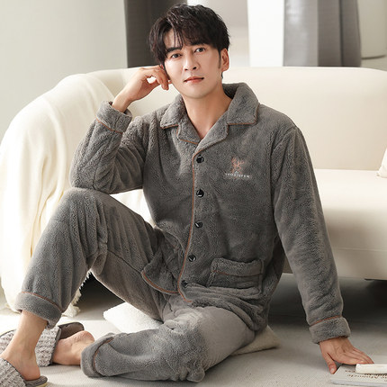 男士睡衣秋冬季珊瑚绒加绒加厚大码青年男款冬天法兰绒家居服套装