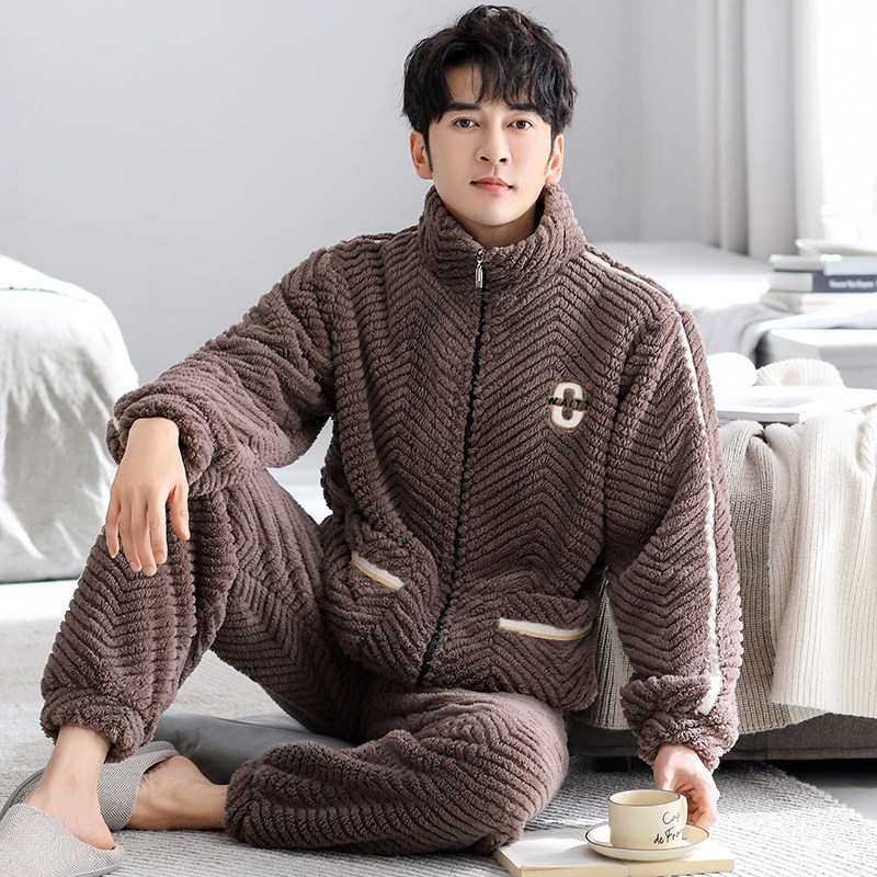 男士珊瑚绒睡衣秋冬加绒双面加厚保暖法兰绒立领拉链家居服套装