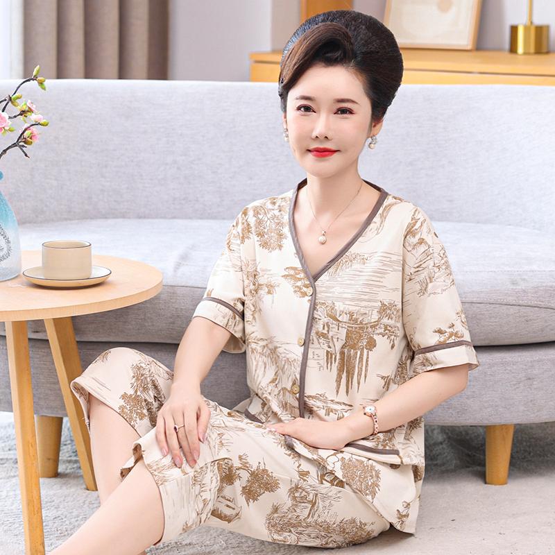 中年妈妈睡衣女夏季薄款纯棉短袖