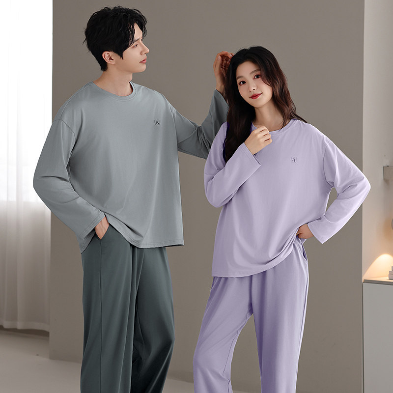 新款情侣睡衣女春秋季长袖纯棉休闲圆领宽松大码男士套装居家服女