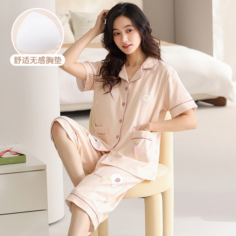 纯棉大码睡衣女士带胸垫短袖七分裤夏季甜美时尚中年妈妈家居服薄