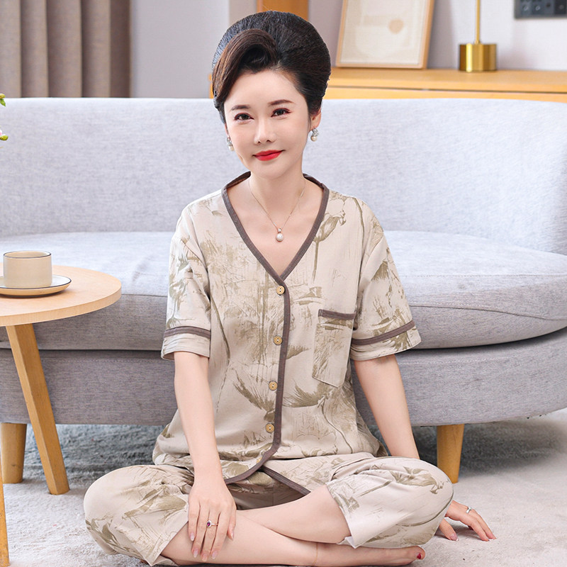 开衫纯棉睡衣女款妈妈短袖可外穿