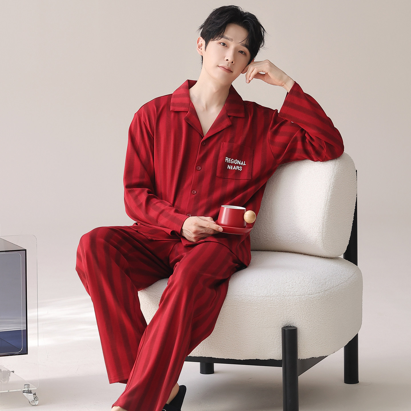 纯棉男士红色本命年睡衣套装春秋