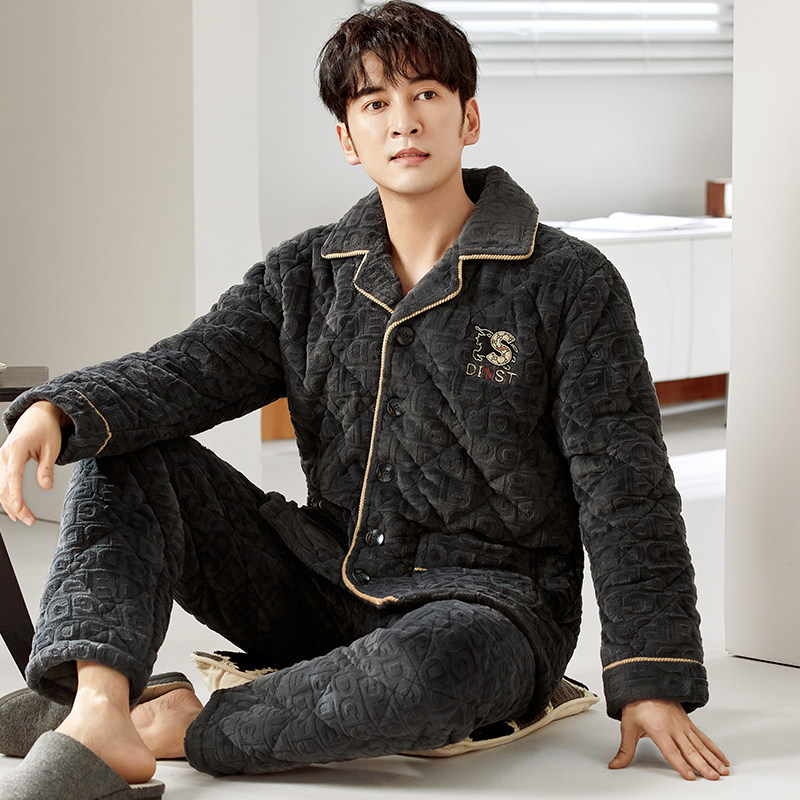 男士加厚珊瑚绒睡衣冬季翻领保暖法兰绒家居服套装中年夹棉三层