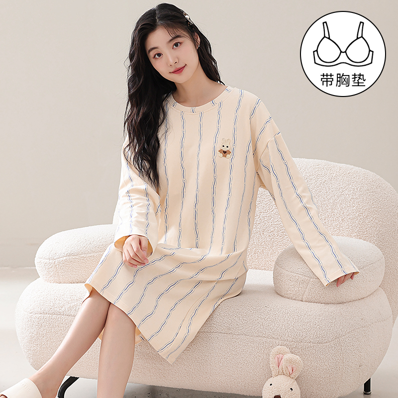 纯棉睡裙女带胸垫春秋2024新款甜美休闲100%全棉秋季中长款家居服