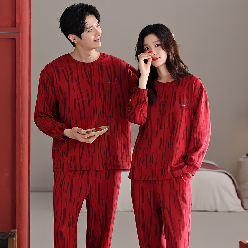 情侣红色睡衣男女家居服纯棉春秋