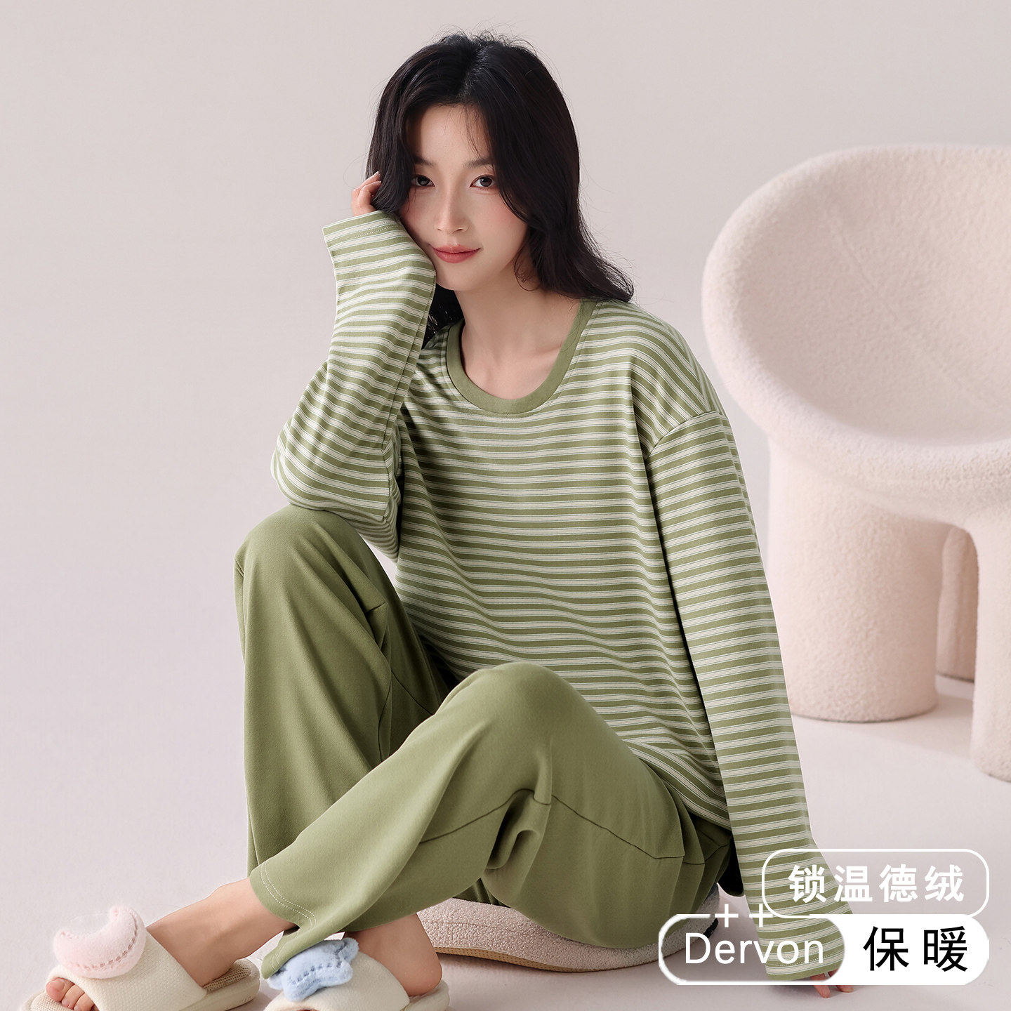 德绒女秋冬季保暖长袖圆领家居服