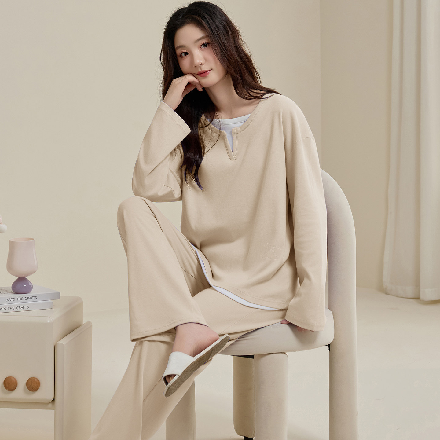 100%棉春秋女睡衣两件套透气