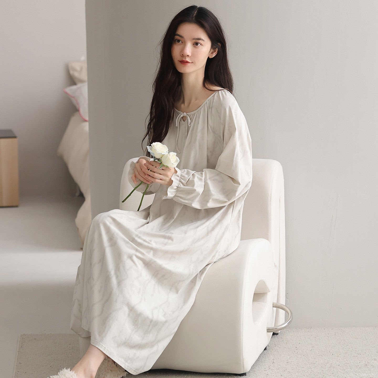 长袖睡裙春秋季睡衣女款纯棉可外穿秋冬薄款拉架棉休闲宽松长裙子