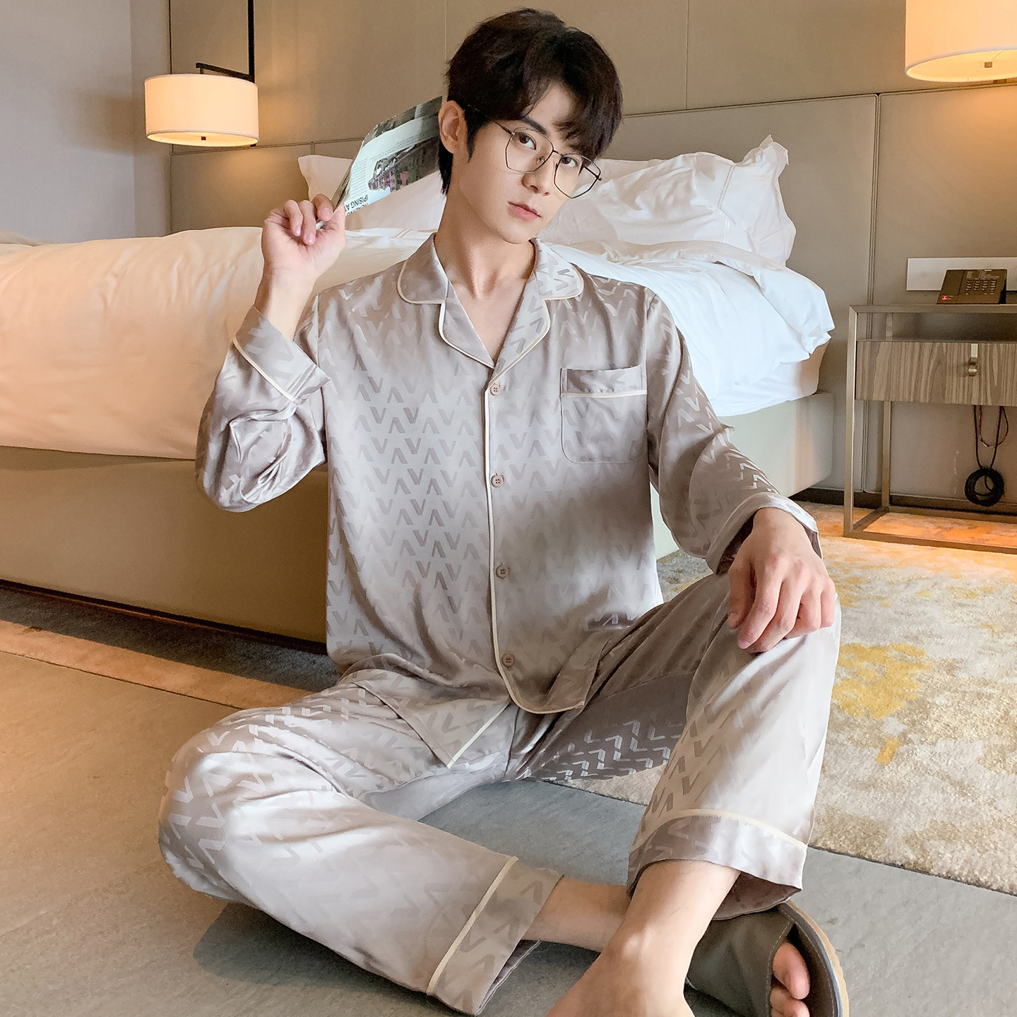 佳韵腾睡衣男士春秋款冰丝长袖家居服男款丝绸夏季薄款高级感宽松