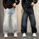 百搭裤 ins美式 子 休闲直筒阔腿裤 黑色秋季 加绒高街显瘦牛仔裤 男款
