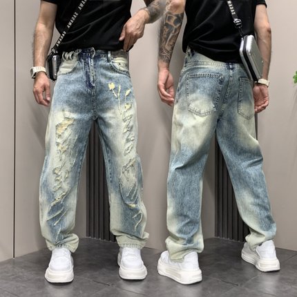 2025新款美式欧若风休痞帅破洞牛仔裤男士潮流直筒裤休闲裤子大码