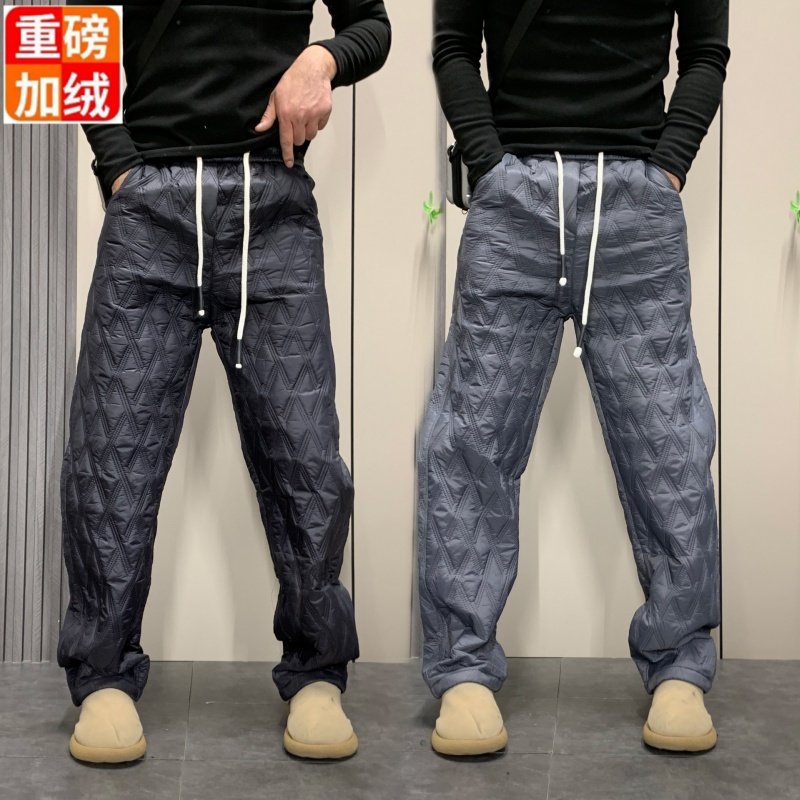 菱格纹休闲裤2025冬季男士宽松直筒长裤保暖运动裤松紧腰抽绳棉裤