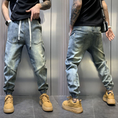 小脚裤 潮流男士 拼接磨白束脚宽松哈伦裤 松紧腰个性 春夏裤 子牛仔裤