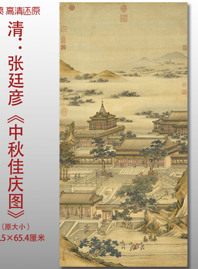 清代张廷彦中秋佳庆图宫庭楼阁山水人物图复制高清微喷画心临摹