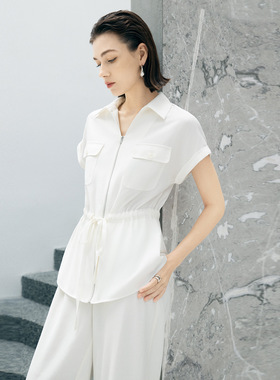 颜域松弛感白色天丝上衣2026夏季新款女士系带收腰千金感休闲衬衫