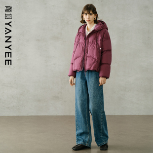 颜域短款连帽羽绒服女士2024新款冬季酒红色时尚气质简约通勤外套