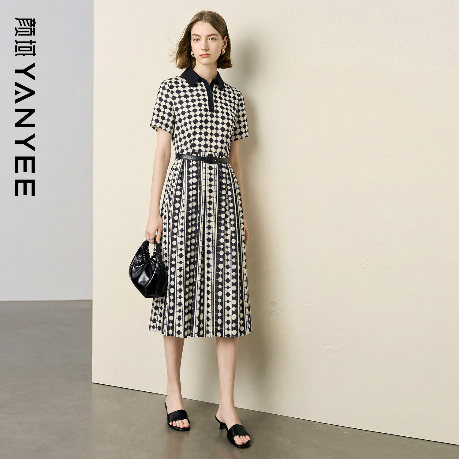 颜域波点条纹连衣裙2026夏季新款法式复古通勤职场短袖翻领长裙女