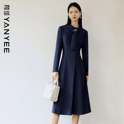 颜域飘带领长袖连衣裙女装2024新款冬季高级感职业气质中长款裙子