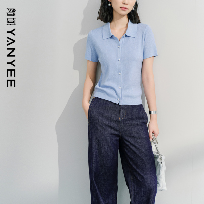 颜域翻领短袖针织衫女