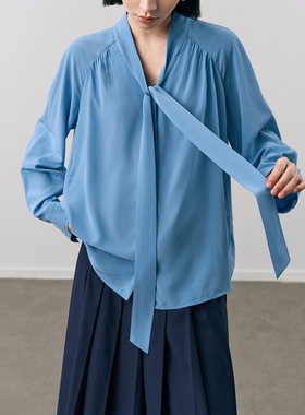 颜域真丝蓝色衬衫女上衣2026春季新款小衫桑蚕丝百搭V领长袖衬衣