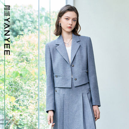 颜域短款小西装女式2025早春新款高端气质修身显瘦蓝色西服外套女