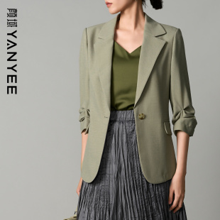 复古英伦风宽松气质小西服女 新款 颜域绿色格纹西装 外套女2025冬季