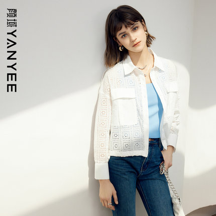 颜域白色镂空翻领短款外套女士2025新款春装时尚通勤简约纯棉上衣