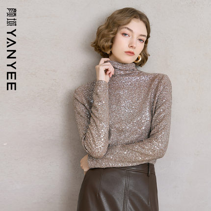 颜域堆堆领亮片针织衫女2025冬季新款高领修身显瘦保暖内搭上衣女