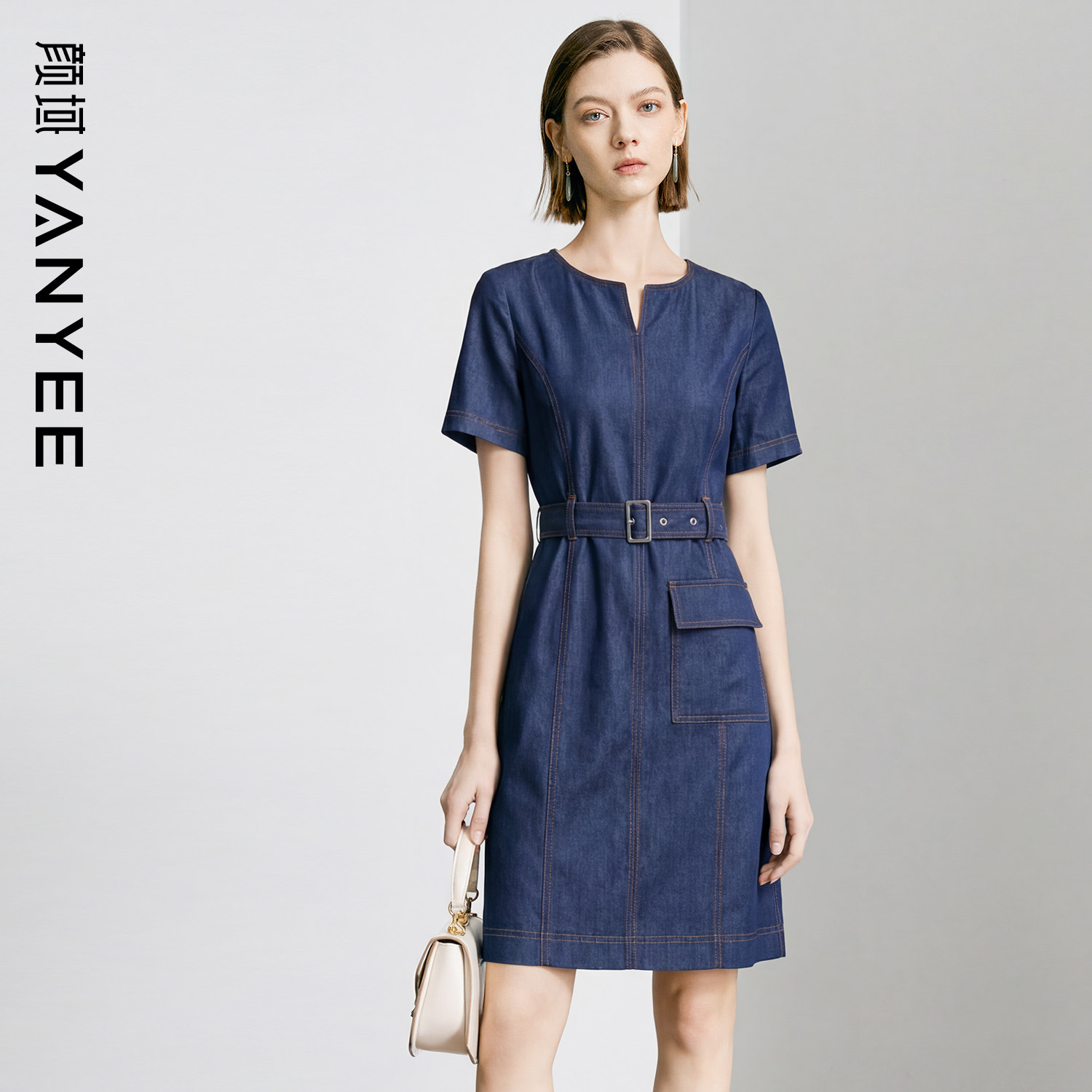 颜域短袖休闲牛仔连衣裙2026夏季新款修身职场气质千金风工装短裙