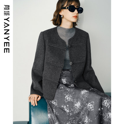 颜域100纯羊毛圆领毛呢大衣女2024新款秋冬复古简约通勤短款外套