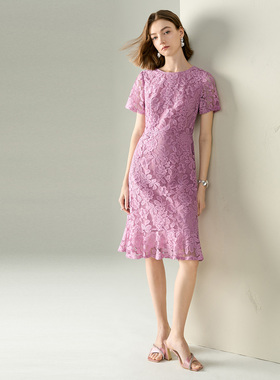 颜域紫色蕾丝连衣裙女2026夏季新款收腰显瘦通勤轻熟风中长款裙子