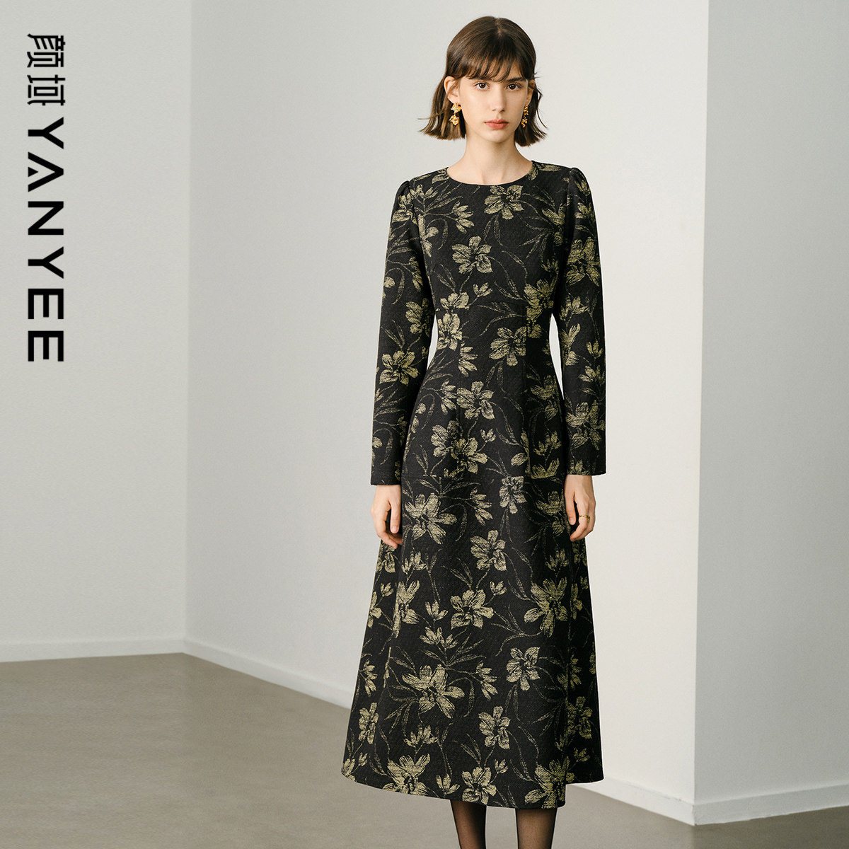 颜域复古提花连衣裙女款2025新款秋冬收腰显瘦中长款长袖圆领裙子,女装/女士精品,连衣裙,淘宝优惠券,粉丝福利购,淘宝优惠卷