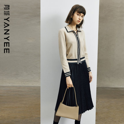 颜域双拉链翻领毛衣丝绒百褶半身裙套装女2025新款冬季时尚两件套