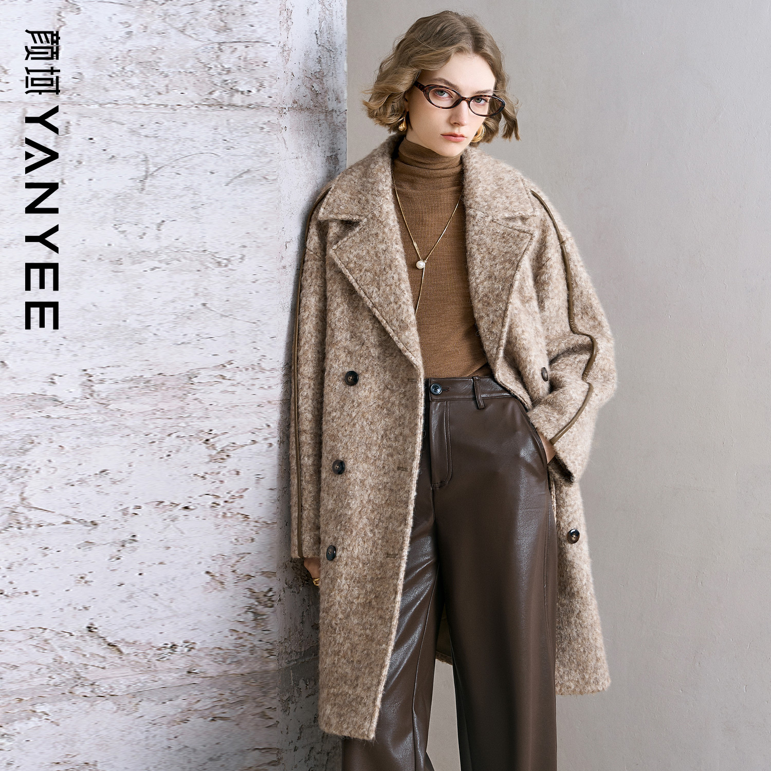 颜域长款西装领羊毛大衣2025新款冬季女士独特通勤优雅毛呢外套女