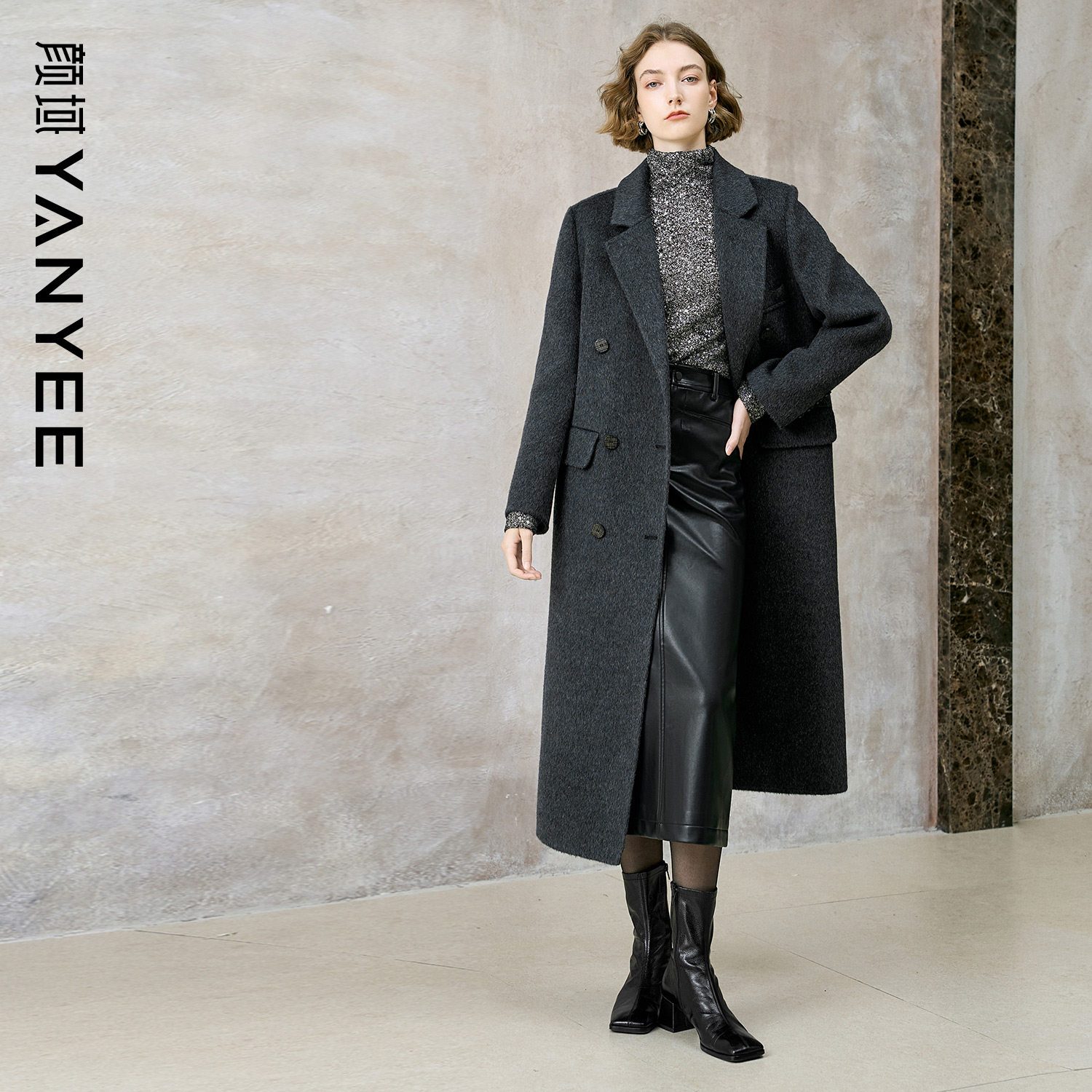 颜域黑色双面呢外套女2025新款冬季女士过膝长款简约大气羊毛大衣,女装/女士精品,毛呢外套,淘宝优惠券,粉丝福利购,淘宝优惠卷