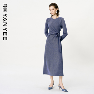 颜域设计感掐腰连衣裙女2025新款 过膝显瘦气质长裙 秋装 高级感长袖