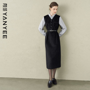 颜域条纹毛呢背心连衣裙女2025冬季 轻熟风收腰显瘦羊毛长裙子 新款