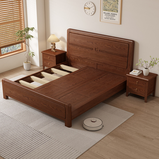 白蜡木全实木1.8m双人主卧1.5m满铺透气榫卯结构胡桃色大板直拼床