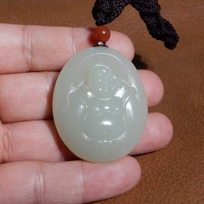 天然和田玉俄料高青白玉弥勒佛吊坠挂件笑口常开Q