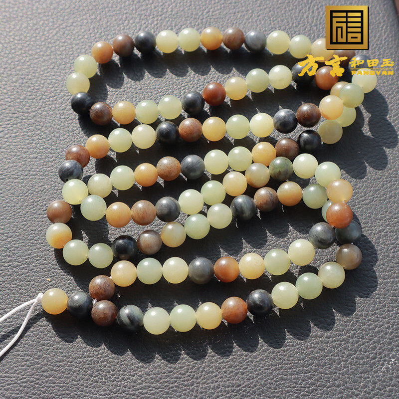 方言和田玉大漠古风楼兰三色玉青花三彩108颗卡8mm项链多圈手链O