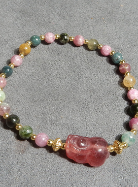 巴西原石原矿碧玺单圈貔貅手串