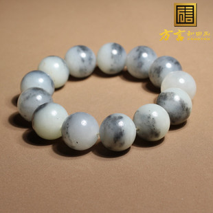 珍藏级方言和田玉精品新疆黑白分明一线天青花籽料16mm圆珠手串A6