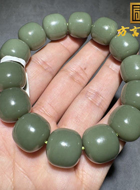 惊呆方言和田玉收藏新疆油润沙枣青留皮籽料16mm老型珠手串手链S6